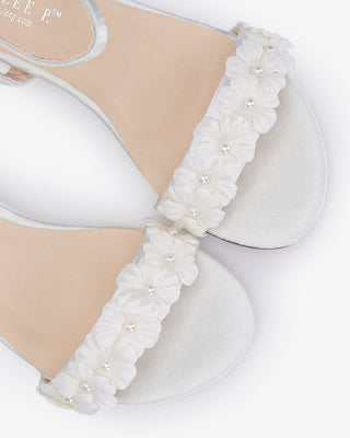 White Girls Satin Flat Sandal with Pearls Petal, Flower Girls Shoes