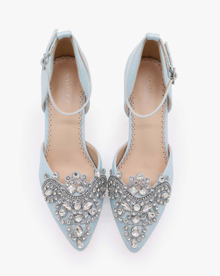 Light Blue Satin Wedding Block Heel  with Embellished Rhinestones Applique