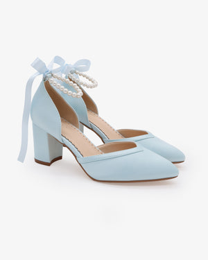Satin Block Heel Wedding Shoes with All Pearl Ankle Strap