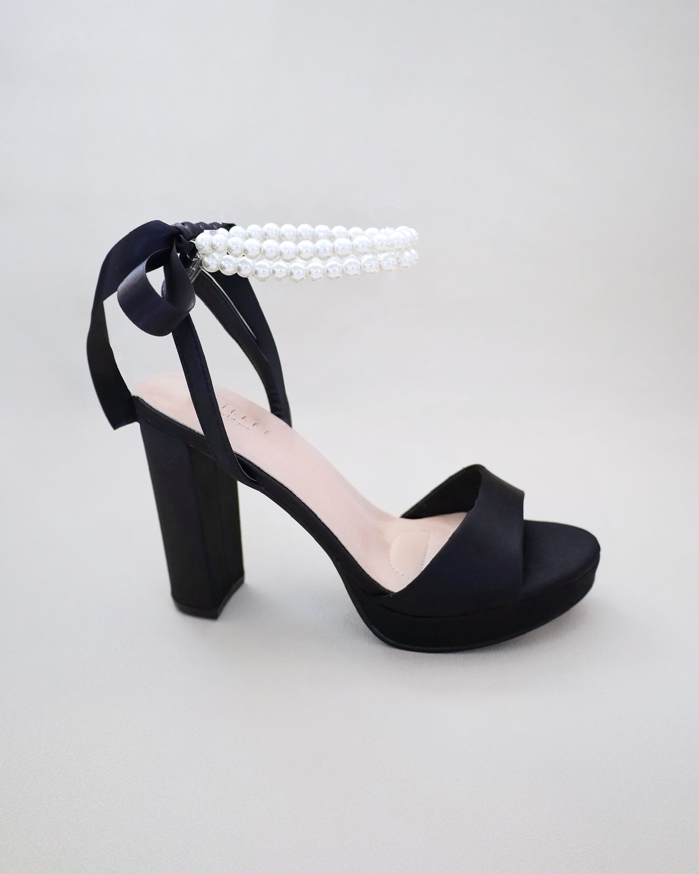Black Satin Platform Block Heel Sandal with Pearls Strap, Evening Heel ...