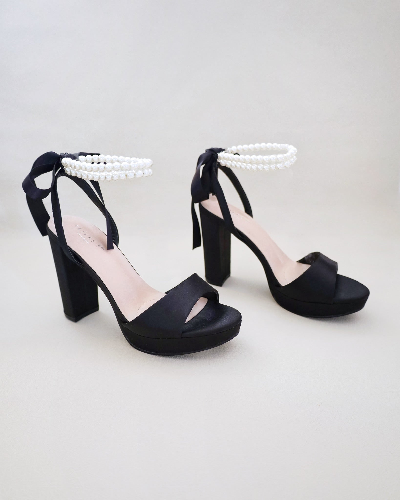 Black Satin Platform Block Heel Sandal with Pearls Strap, Evening Heel