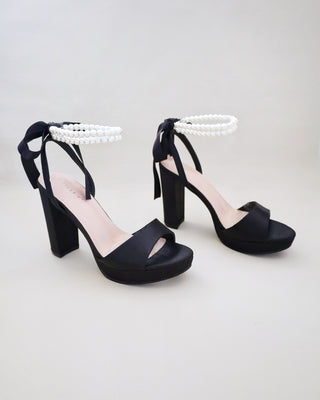 Satin Platform Block Heel Sandals with Double Pearls Ankle Strap