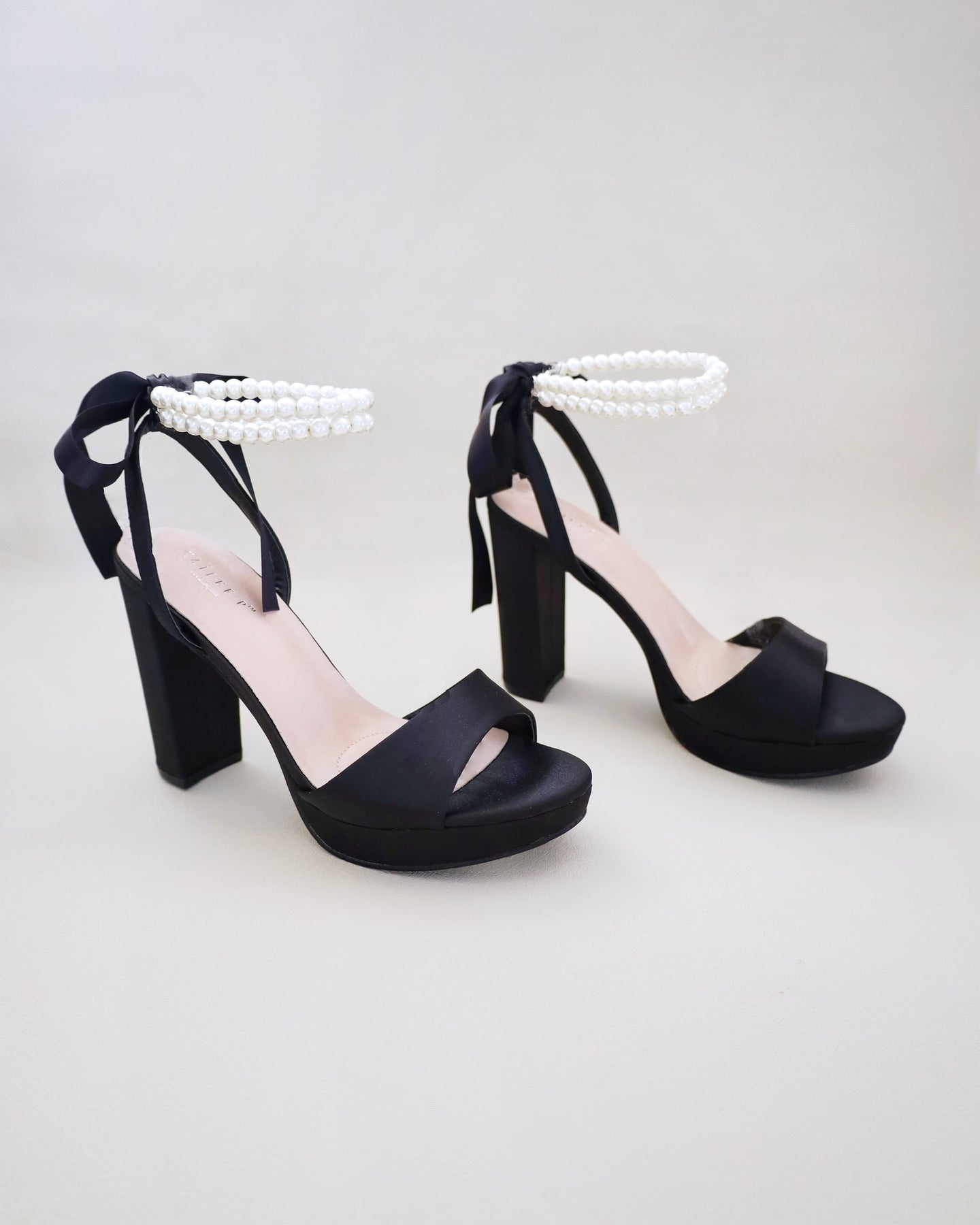 Black Satin Platform Block Heel Sandal with Pearls Strap, Evening Heel ...