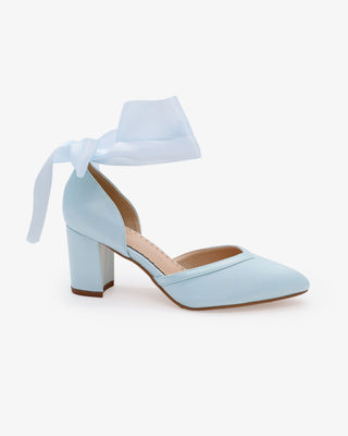 Light Blue Satin Wedding Block Heels with Wrapped Satin Ribbon Ankle Tie
