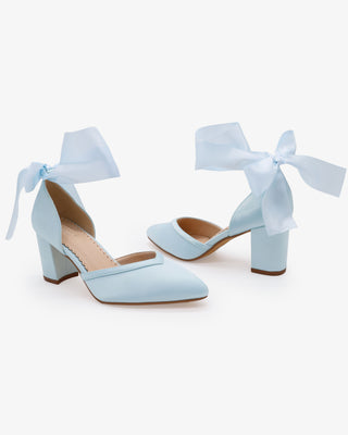 Light Blue Satin Wedding Block Heels with Wrapped Satin Ribbon Ankle Tie
