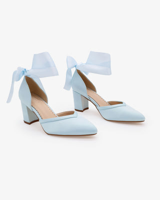 Light Blue Satin Wedding Block Heels with Wrapped Satin Ribbon Ankle Tie