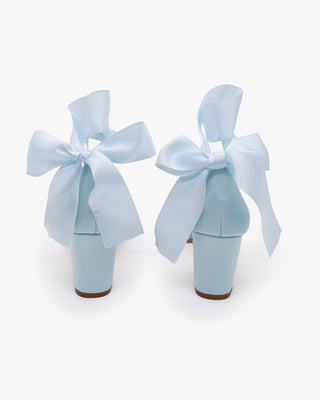 Light Blue Satin Wedding Block Heels with Wrapped Satin Ribbon Ankle Tie
