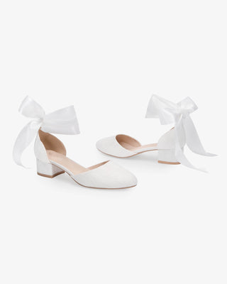 White Lace Round Toe Low Block Heel Wedding Shoes with Wrapped Satin Tie