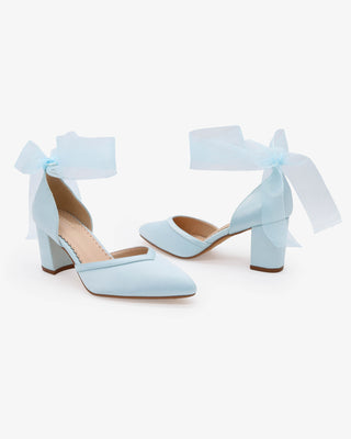 Light Blue Satin Wedding Block Heels with Wrapped Sheer Ribbon Ankle Tie