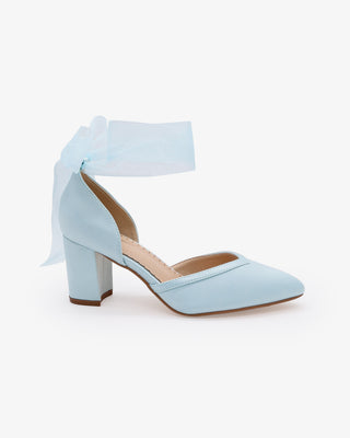 Light Blue Satin Wedding Block Heels with Wrapped Sheer Ribbon Ankle Tie