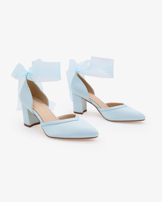 Light Blue Satin Wedding Block Heels with Wrapped Sheer Ribbon Ankle Tie