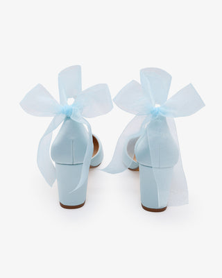 Light Blue Satin Wedding Block Heels with Wrapped Sheer Ribbon Ankle Tie