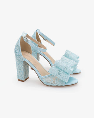 Light Blue Crochet Lace Block Heel Sandals with Oversized Crochet Lace Bow