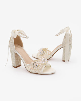 Ivory Crochet Lace Block Heel Wedding Sandals with Small Pearls Applique