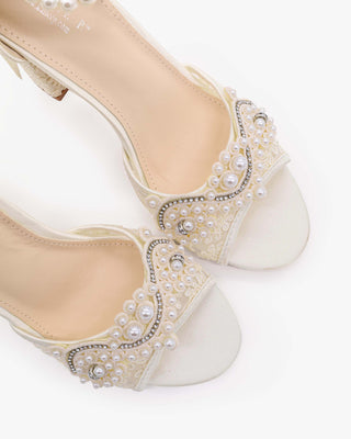 Ivory Crochet Lace Block Heel Wedding Sandals with Small Pearls Applique