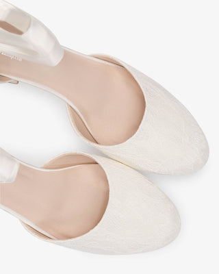 Ivory Lace Round Toe Low Block Heel Wedding Shoes with Wrapped Satin Tie