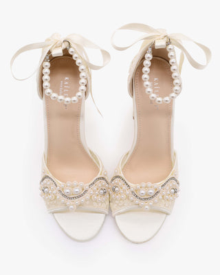 Ivory Crochet Lace Block Heel Wedding Sandals with Small Pearls Applique