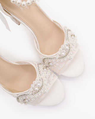 White Crochet Lace Block Heel Wedding Sandals with Small Pearls Applique