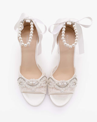 White Crochet Lace Block Heel Wedding Sandals with Small Pearls Applique