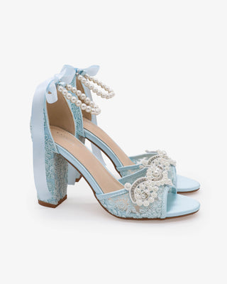 Light Blue Crochet Lace Block Heel Wedding Sandals with Small Pearls Applique