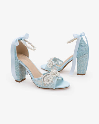 Light Blue Crochet Lace Block Heel Wedding Sandals with Small Pearls Applique