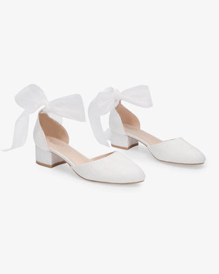 White Lace Round Toe Low Block Heel Wedding Shoes with Wrapped Sheer Tie