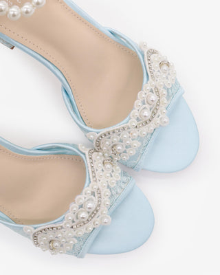 Light Blue Crochet Lace Block Heel Wedding Sandals with Small Pearls Applique