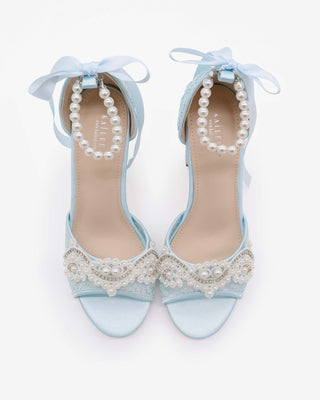Light Blue Crochet Lace Block Heel Wedding Sandals with Small Pearls Applique