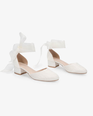 Ivory Lace Round Toe Low Block Heel Wedding Shoes with Wrapped Sheer Tie