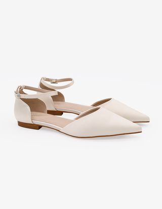 Ivory Satin Pointy Toe Flats with Ankle Strap