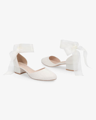 Ivory Lace Round Toe Low Block Heel Wedding Shoes with Wrapped Sheer Tie