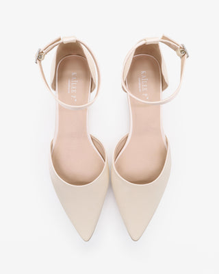 Ivory Satin Pointy Toe Flats with Ankle Strap