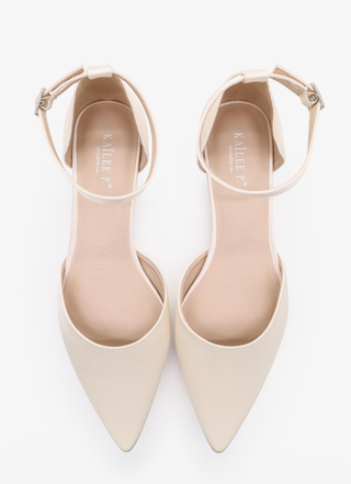 Ivory Satin Pointy Toe Flats with Ankle Strap
