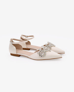 Satin Pointy Toe Flats with Rhinestones Applique Embellishments