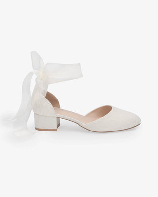 Ivory Lace Round Toe Low Block Heel Wedding Shoes with Wrapped Sheer Tie