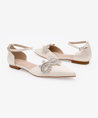 Ivory Satin Pointy Toe Flats with Rhinestones Applique Embellishments