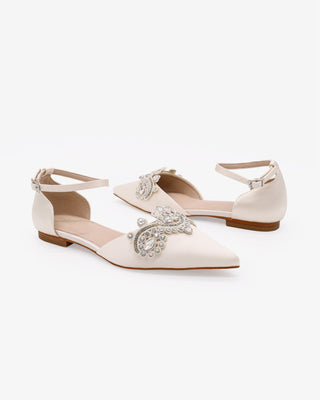Ivory Satin Pointy Toe Flats with Rhinestones Applique Embellishments