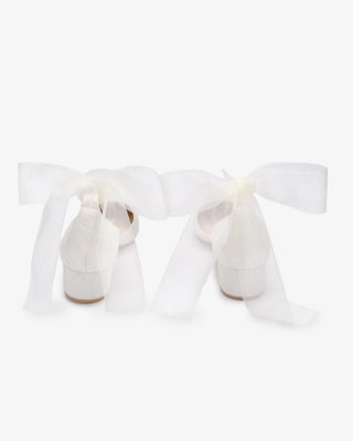 Ivory Lace Round Toe Low Block Heel Wedding Shoes with Wrapped Sheer Tie