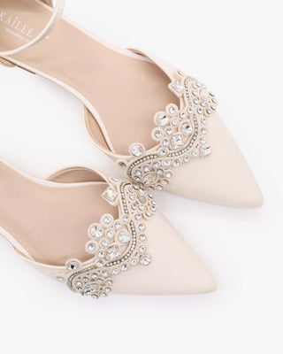 Ivory Satin Pointy Toe Flats with Rhinestones Applique Embellishments