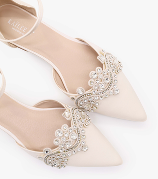 Ivory Satin Pointy Toe Flats with Rhinestones Applique Embellishments