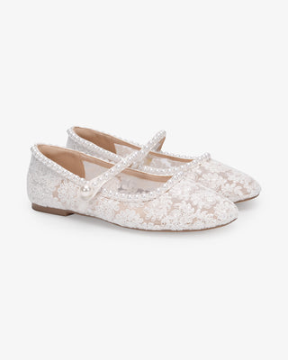 White crochet lace wedding flats with pearls, bridal shoes