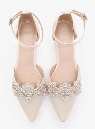 Ivory Satin Pointy Toe Flats with Rhinestones Applique Embellishments