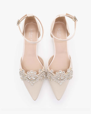 Satin Pointy Toe Flats with Rhinestones Applique Embellishments