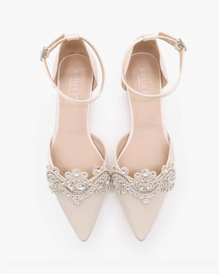 Ivory Satin Pointy Toe Flats with Rhinestones Applique Embellishments
