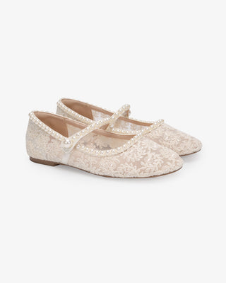 Ivory crochet lace wedding flats with pearls, bridal shoes