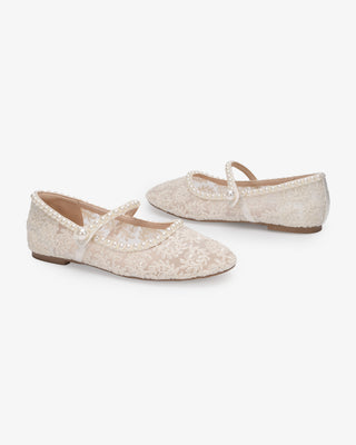 Ivory crochet lace wedding flats with pearls, bridal shoes