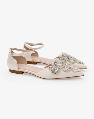 Ivory Satin Pointy Toe Flats with Oversized Rhinestones Applique Embellishments