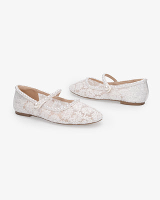 White crochet lace wedding flats with pearls, bridal shoes