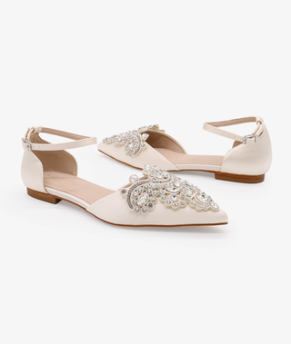 Ivory Satin Pointy Toe Flats with Oversized Rhinestones Applique Embellishments