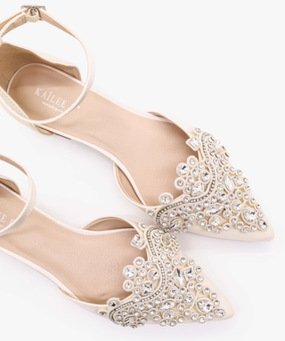 Ivory Satin Pointy Toe Flats with Oversized Rhinestones Applique Embellishments